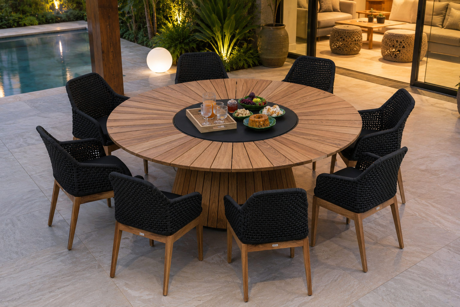 Mesa redonda em madeira com cadeiras pretas em ambiente externo iluminado