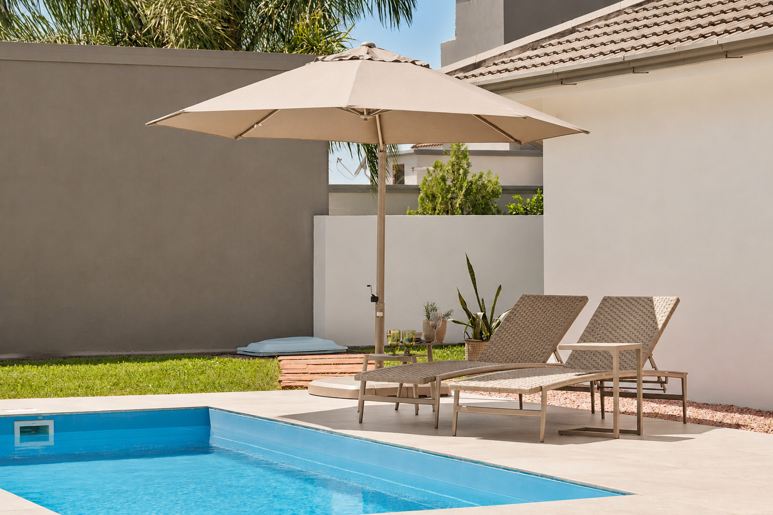Espreguiçadeiras ao lado da piscina com ombrelone em área externa