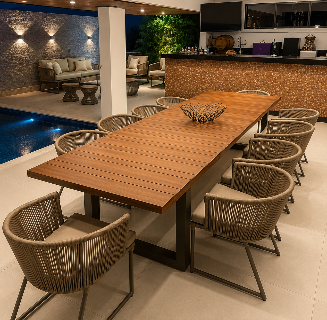 Mesa longa com cadeiras em área gourmet noturna