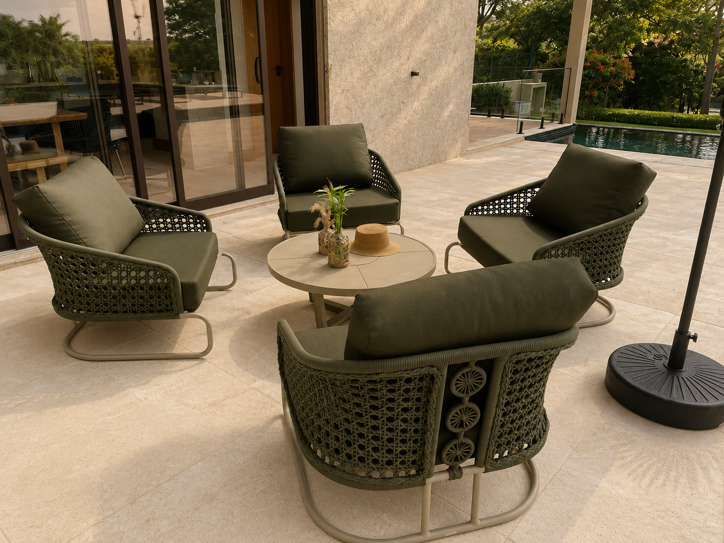 Conjunto de poltronas verdes com mesa de centro em varanda externa