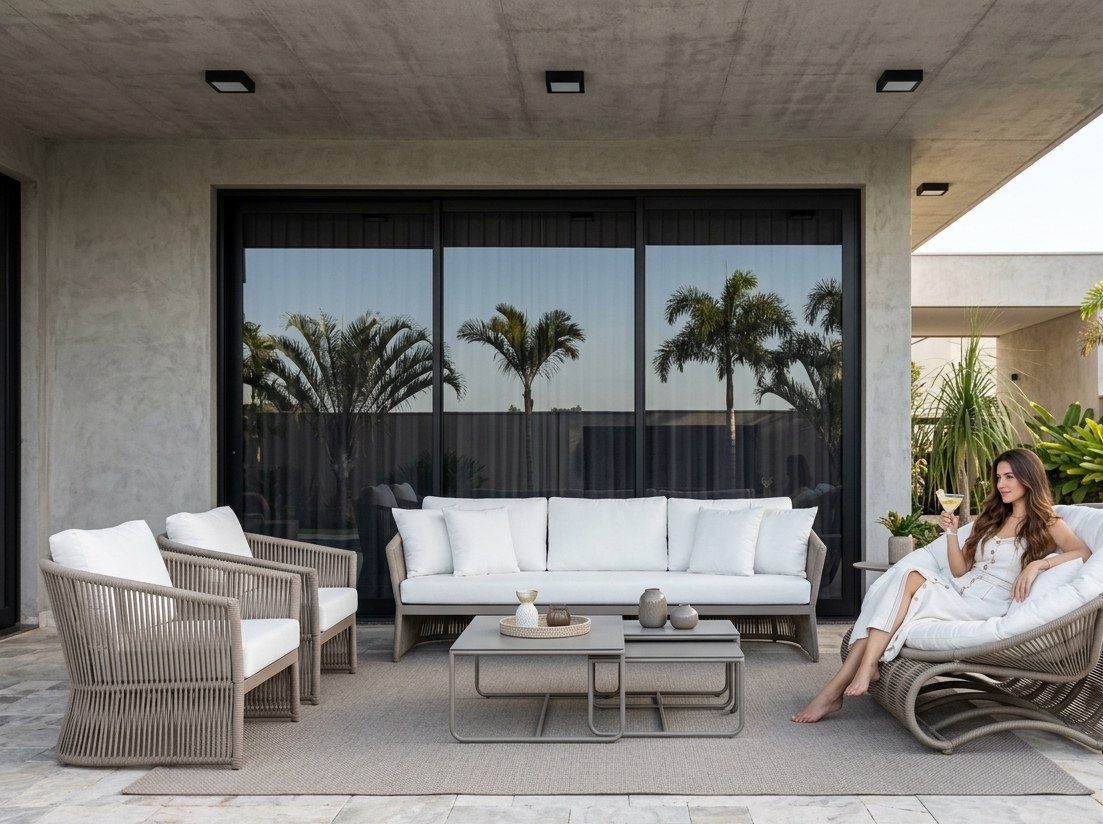 Living externo com sofá e poltronas em fibra