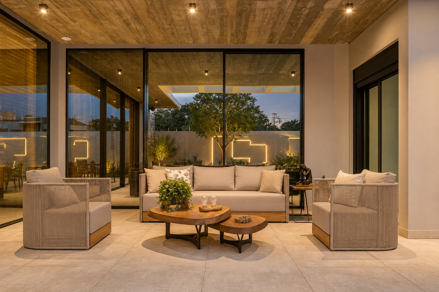 Living externo iluminado à noite com sofá e poltronas